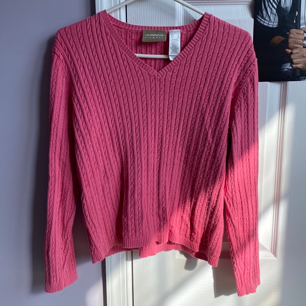 Liz Claiborne Women’s Large Cotton Lizwear Hot Pink V-Neck Cardigan Sweater